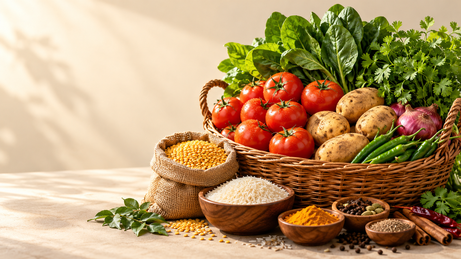 Fresh vegetables, pulses and kitchen essentials